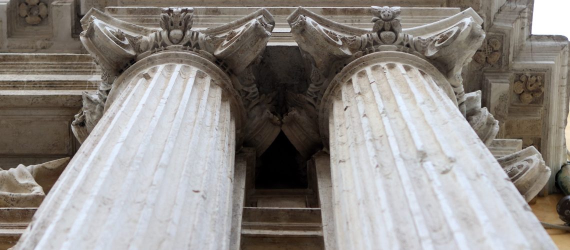 A beautiful shot of the pillars in the church of Santa Maria del Giglio in Venice, Italy